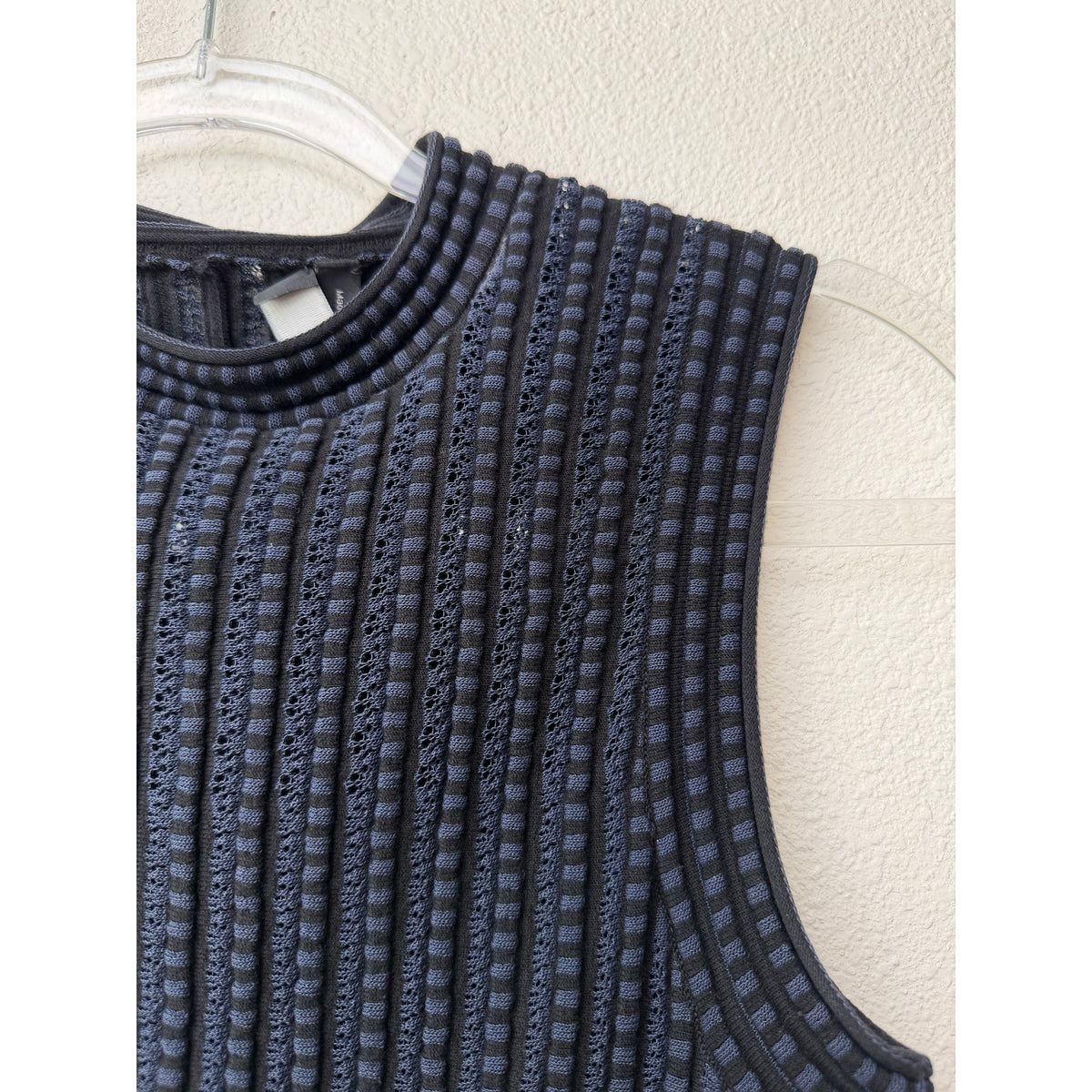 Theory Black Blue Stripe Ribbed Sleeveless Mock Neck Knit Top US S