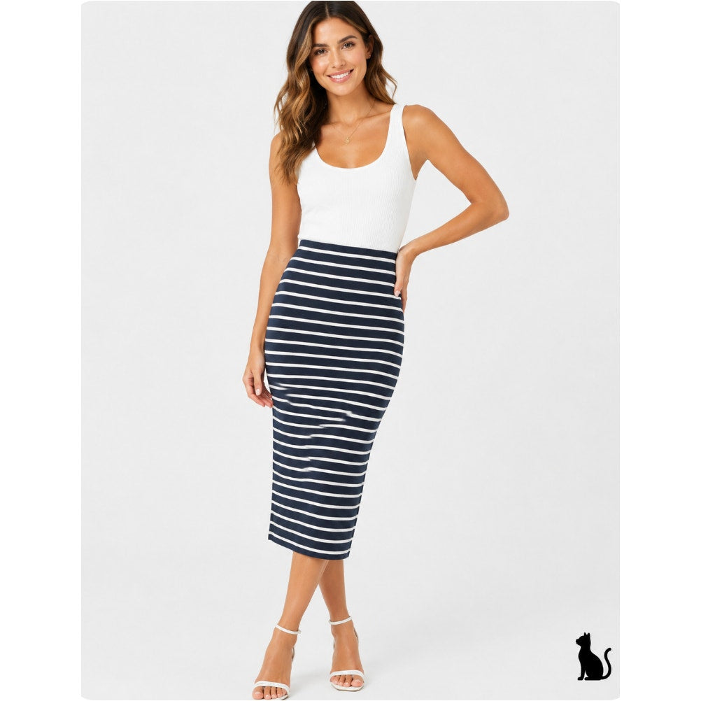 Bailey 44 Gray & White Stripe Bianca Knit Jersey High Waist Below Knee Skirt XS