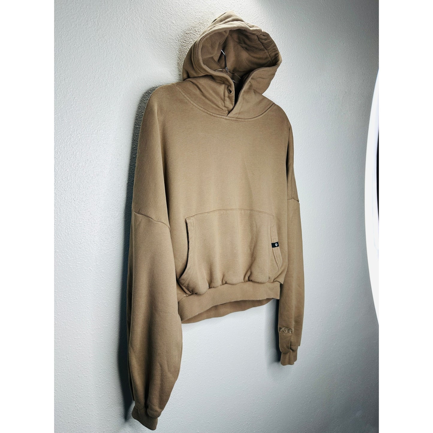 Popflex Tan Taupe Kangaroo Pocket Drop Shoulder Crop Pullover Hoodie S/M