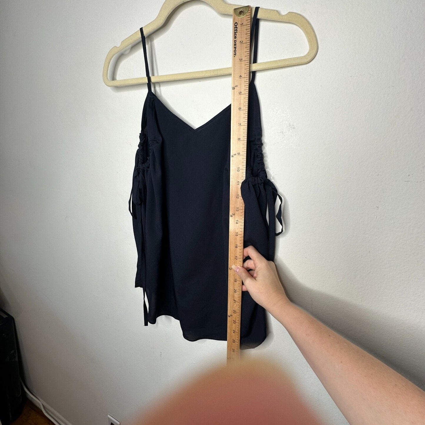 Fora Black Spaghetti Strap V-Neck Cami Ruche & Tie Under Arms Flowy Tank Top S