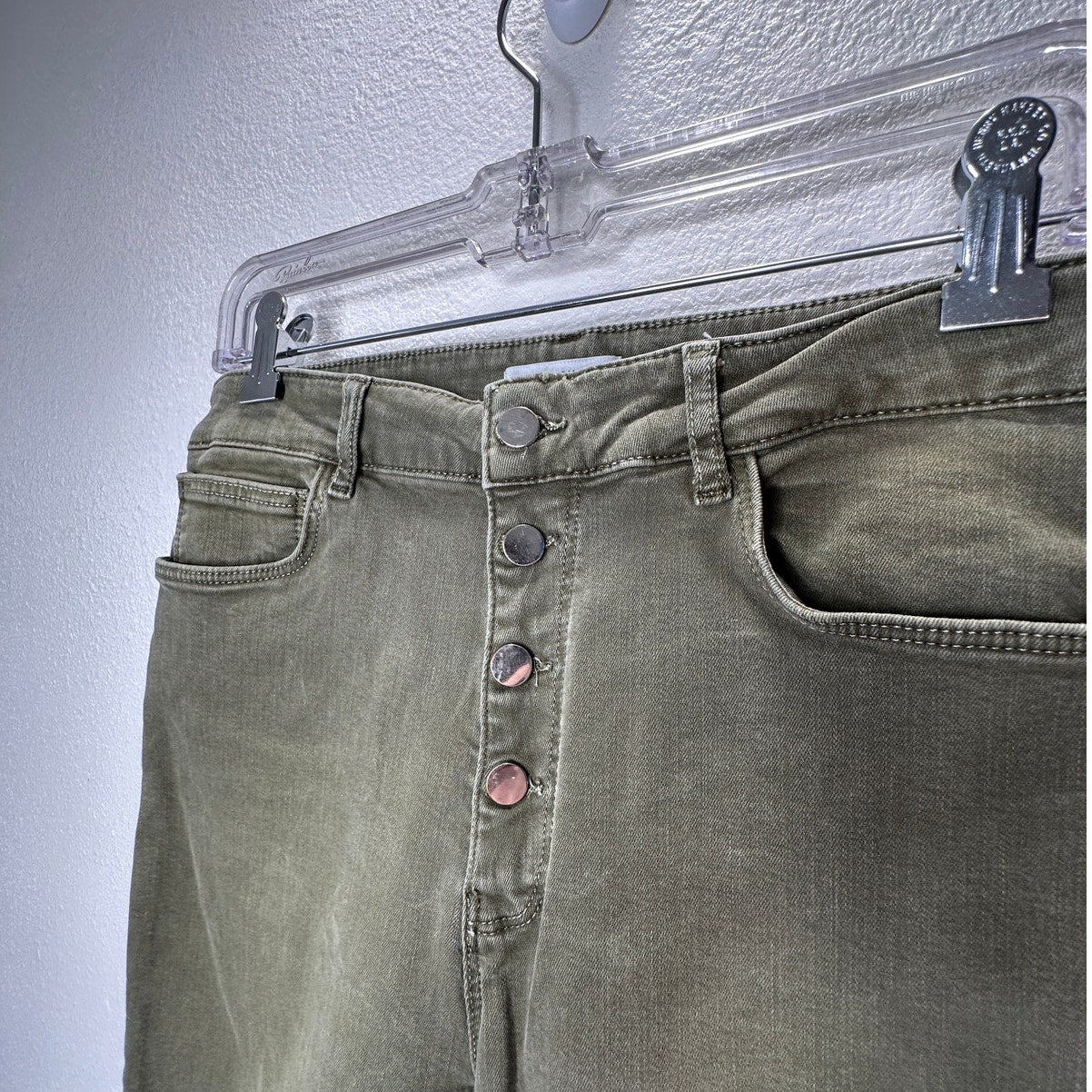 Zara Women Olive Green Button Fly Distressed Knee Skinny Jean High Waist 10