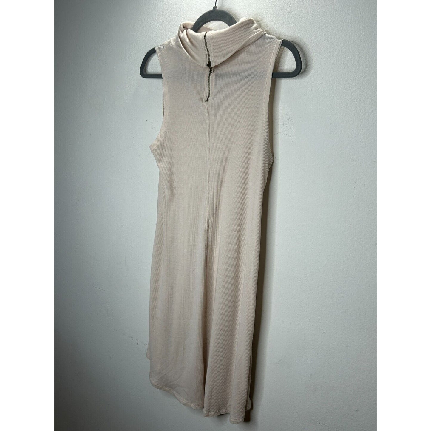 Hyfve Soft Cream Mock Neck Sleeveless Rib Knit Faux Asymmetrical Back Zip Dress