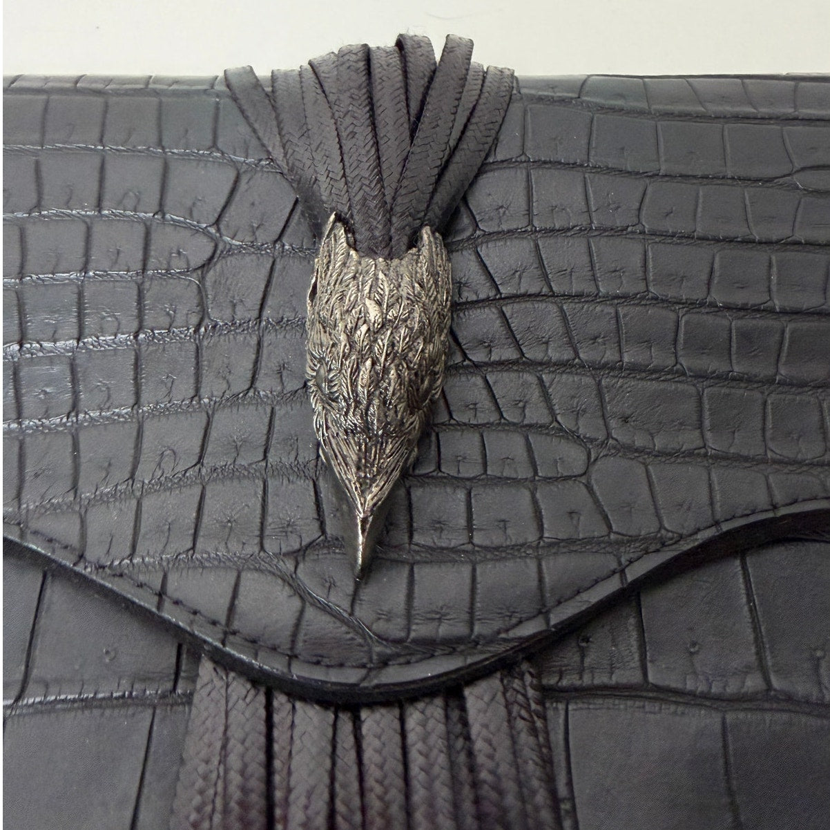 RARE Raven Kauffman Couture Black Croc Leather Bird Head Envelope Clutch Bag