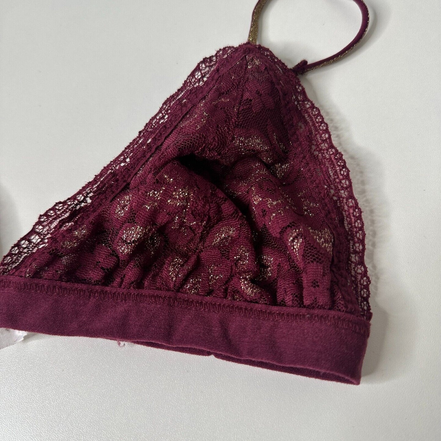 Burgundy With Gold Shimmer Triangle Bralette Adjustable Spaghetti Straps Medium