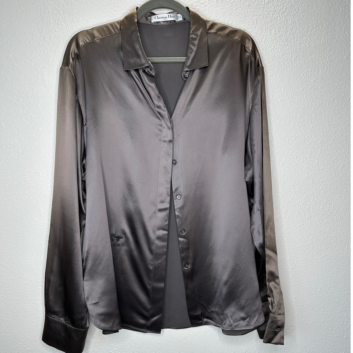 Christian Dior 100% Silk Taupe Brown Multi-Tonal Shimmer Button Blouse 14