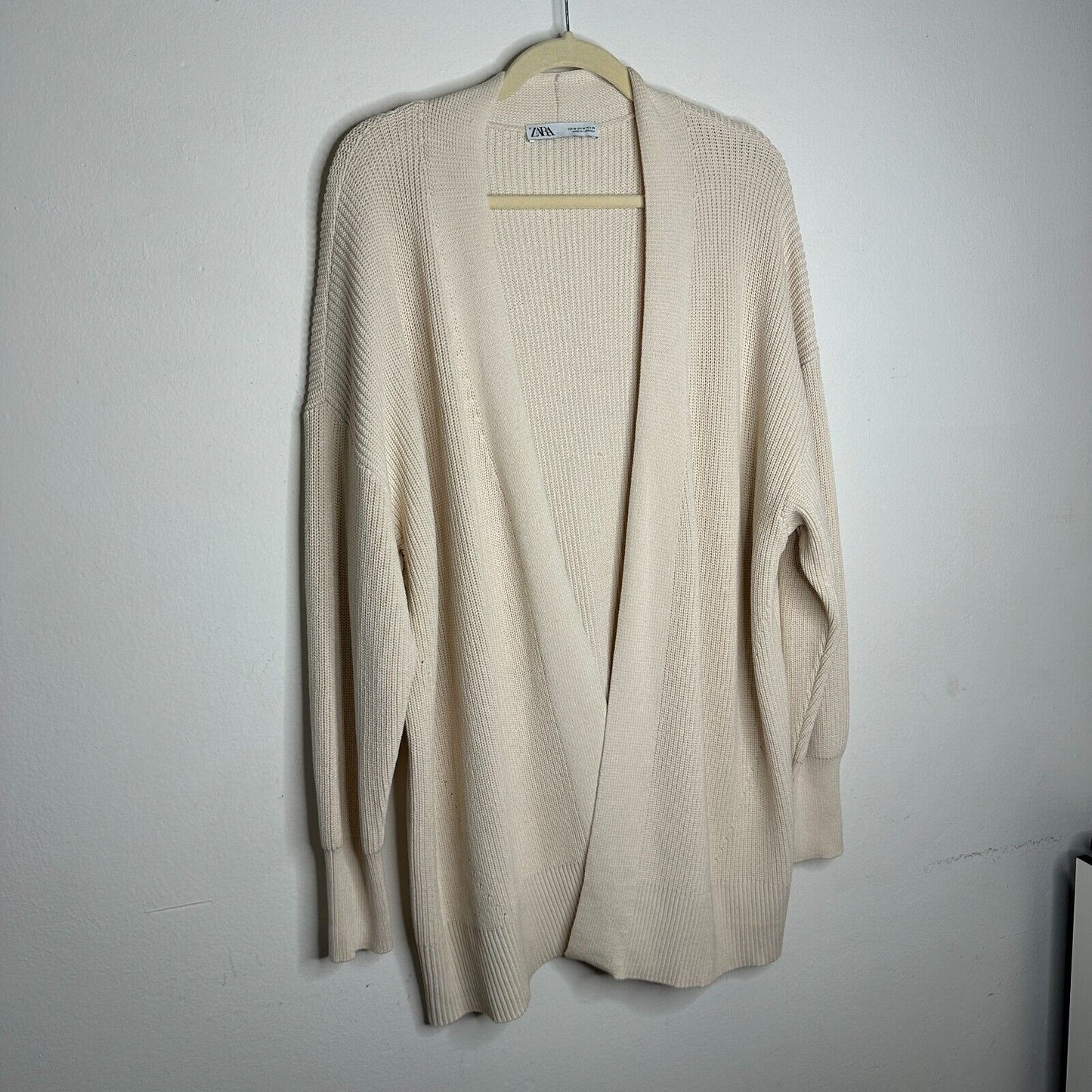 Zara Cream Heavy Ribbed Knit Longline Open Face Cardigan Sweater Ribbed Medium