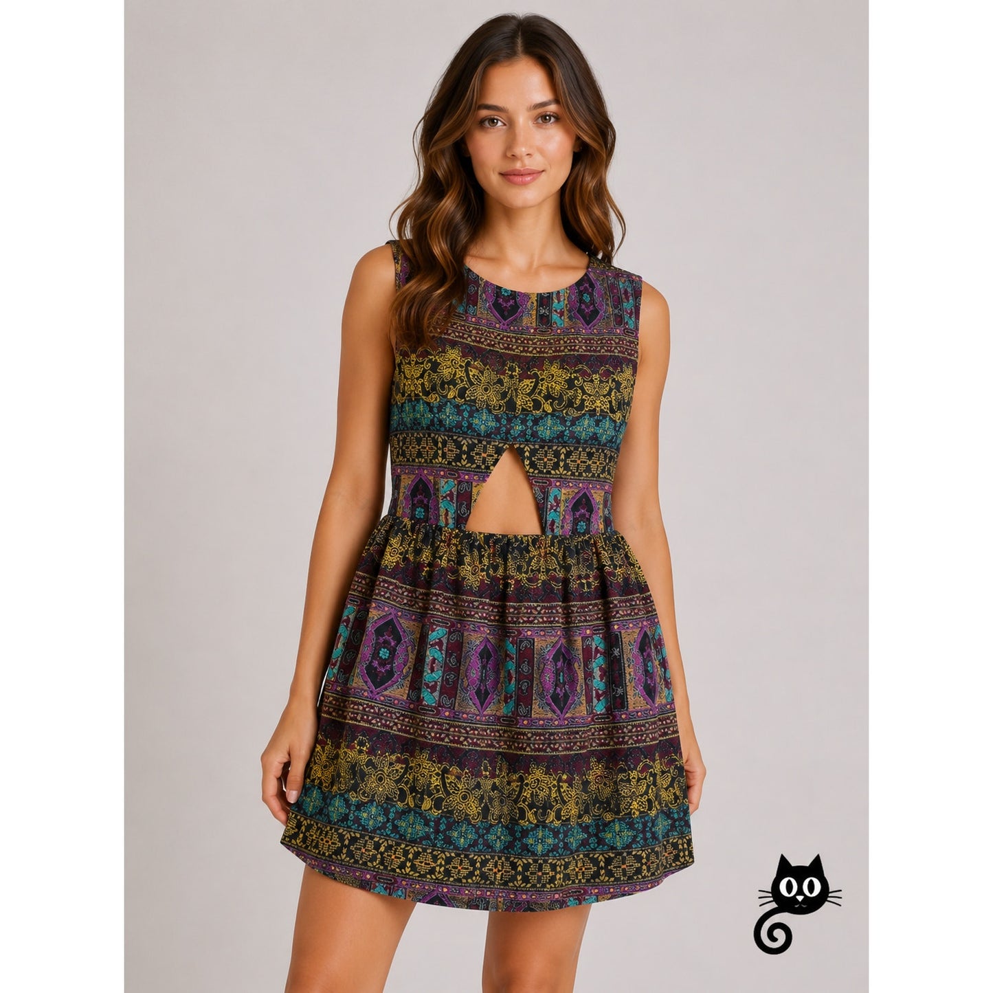 RVCA Multicolor Floral Print Cutout Triangle Back Round Neck Mini Dress S