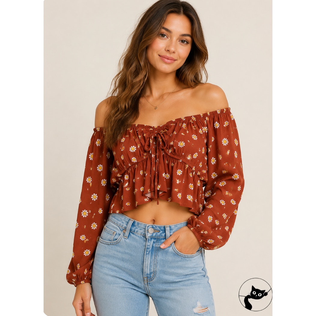 PACSUN Rust Brown with Floral White Yellow Off Shoulder Crop Peasant Top Medium
