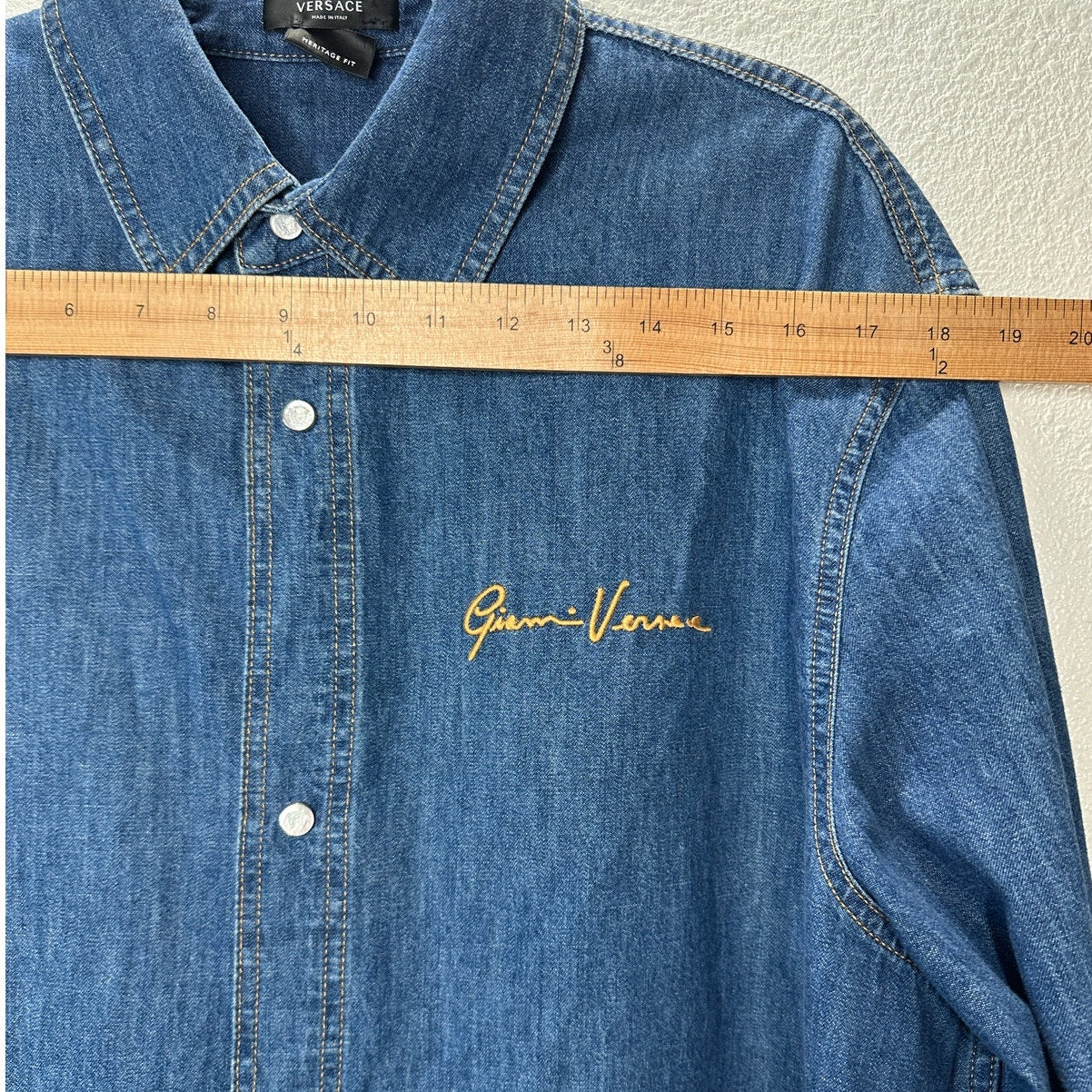 Versace Blue Denim Long Sleeve Pearl Snap Yellow Versace Logo Shirt 41 / Medium