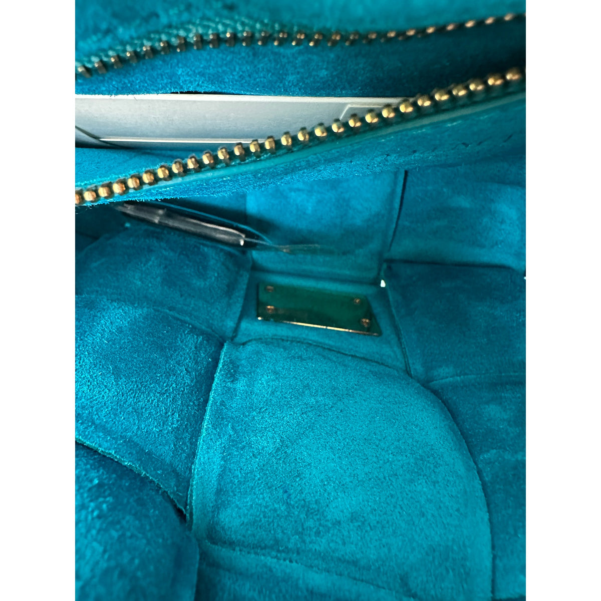 NWOT Bottega Veneta Chain Cassette Bag – Turquoise Suede with Gold-Tone Chain
