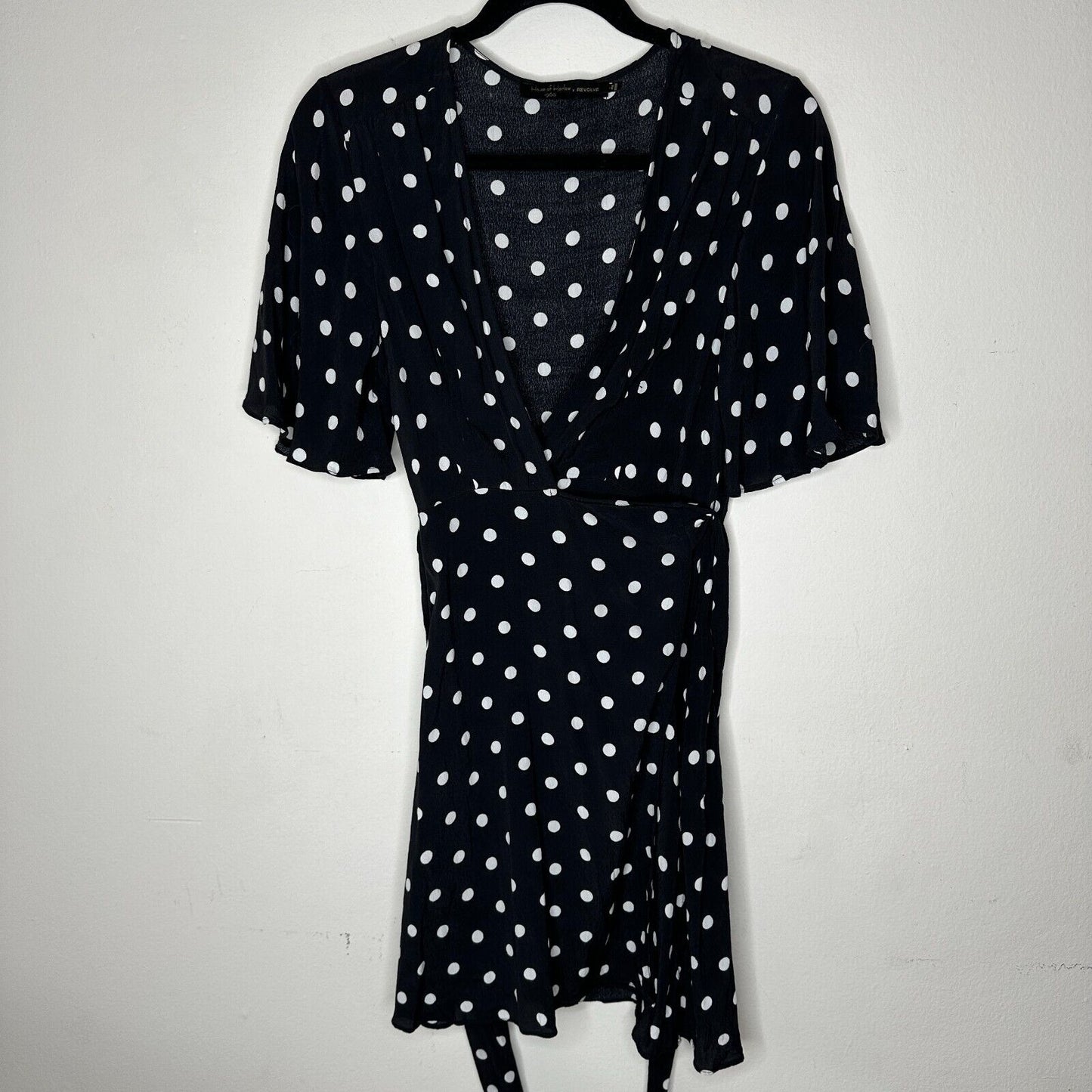 House of Harlow Black White Polka Dot Harper Wrap Mini V-neck Short Sleeve Tie L