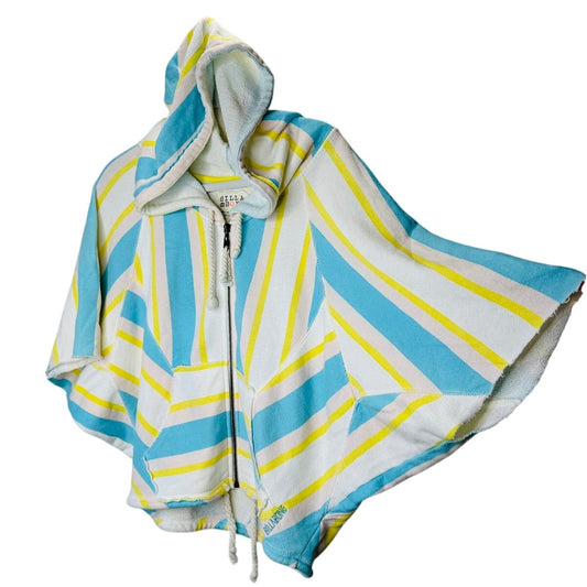 Billabong White Blue Yellow Batwing Front Zip Raw Hem Hooded Sweater S