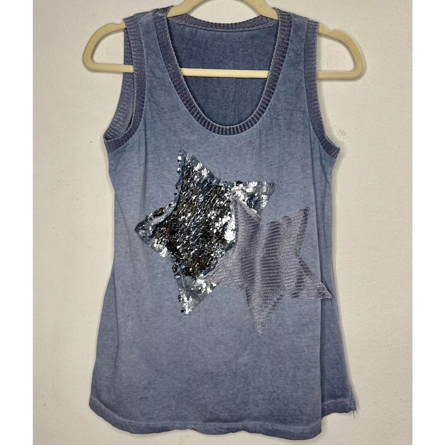 Gray Blue Knit Sleeveless Scoop Neck Tank Top 2 Stars One Silver Sequined Med