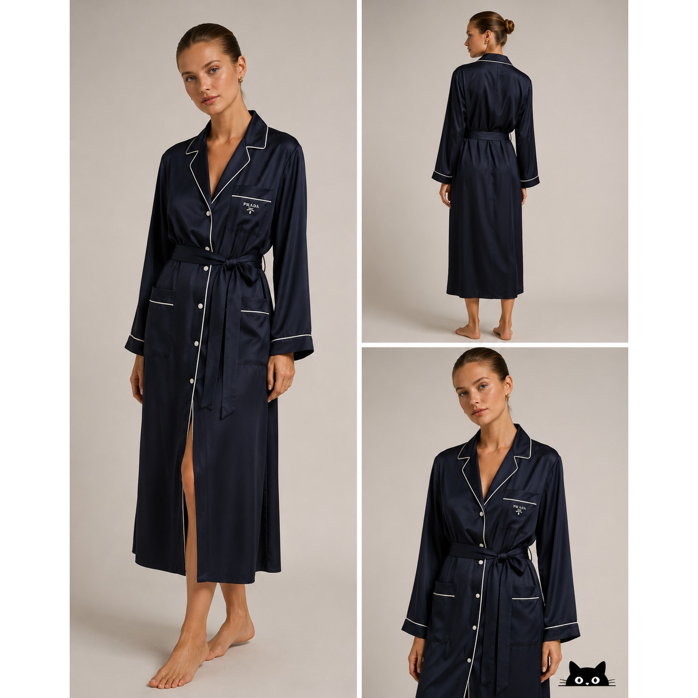 NWT Prada Bleu Black Twill White Trim Long Line Belted Robe Dress 44 / M