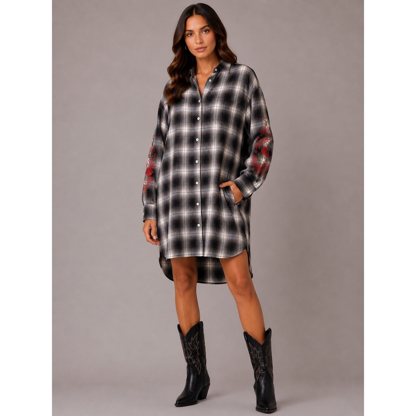 Adaptation Rose Embroidered Plaid Longline Shirt Dress Black White M