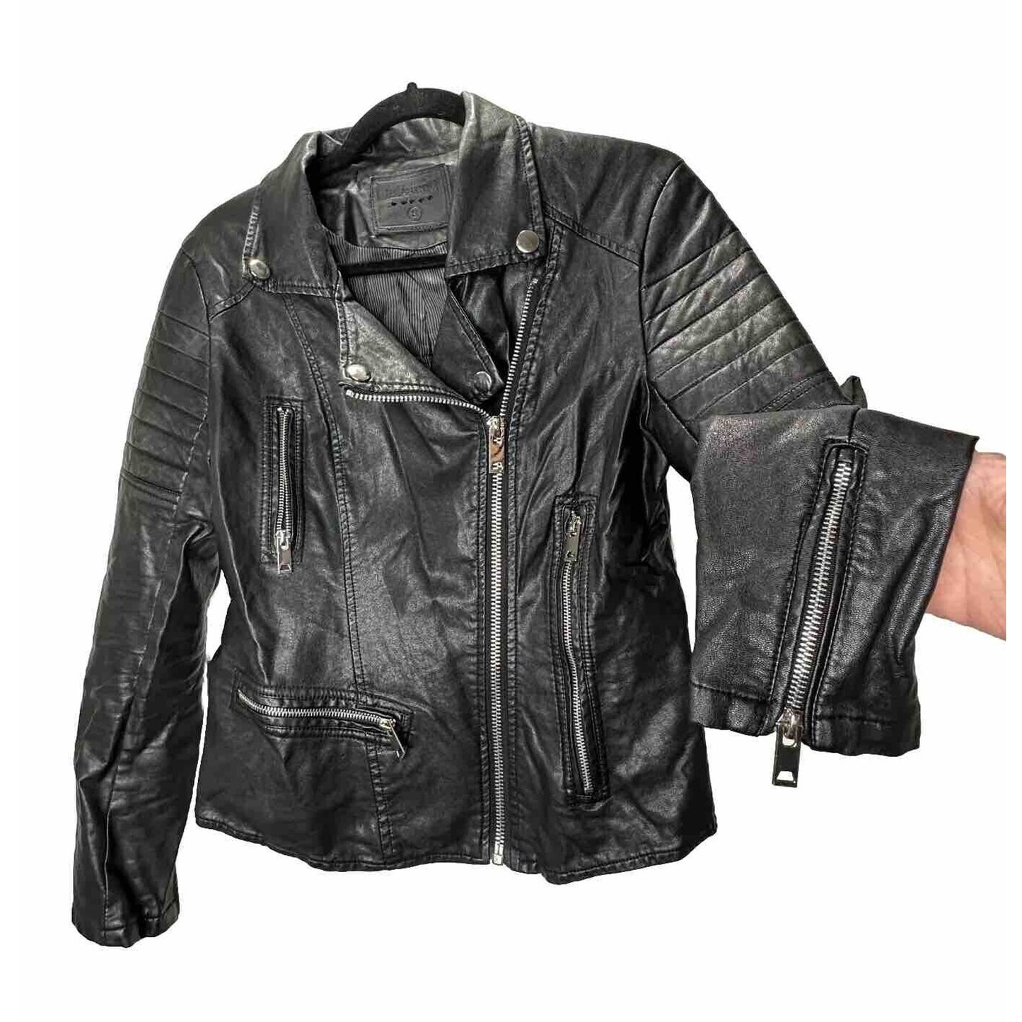 BlankNYC Black Faux Leather Zip Moto Jacket Quilted Shoulders & Back Design SM