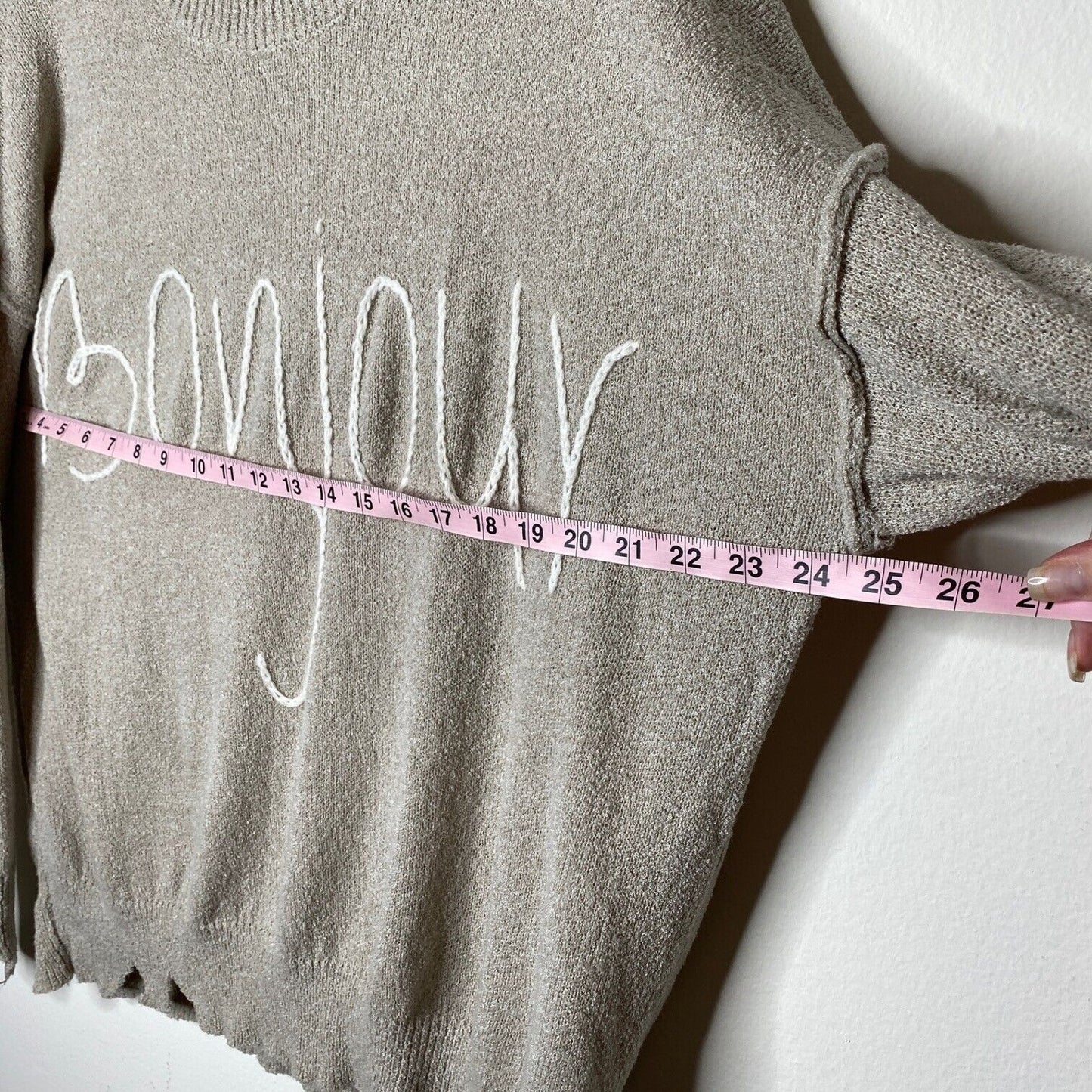 William B Taupe Bonjour Embroidered Oversize Distressed Sweater Long Sleeve S