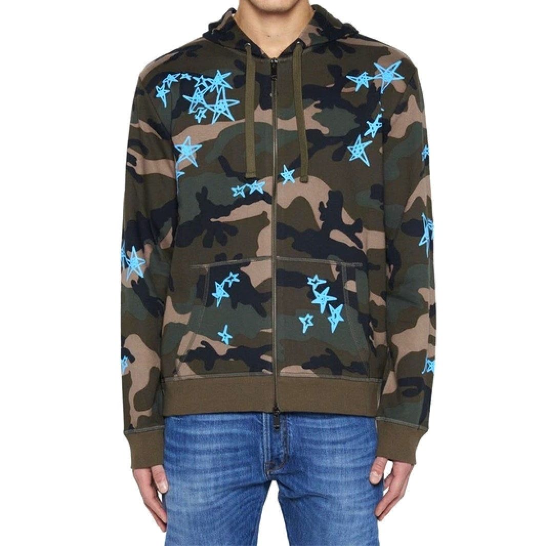Valentino Army Green Black Tan Camo Print Bright Blue Stars Front Zip Hoodie S