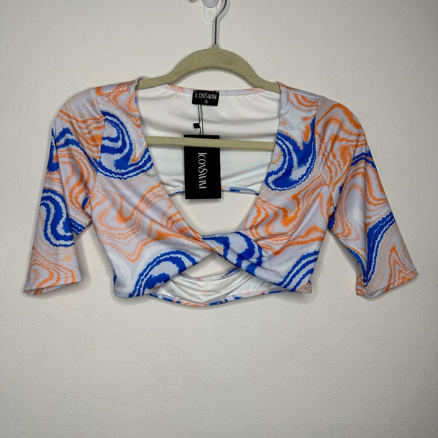 NWT Icon Swim White Blue Orange Sunset Dive Wave Print Twist Front Crop Top Small