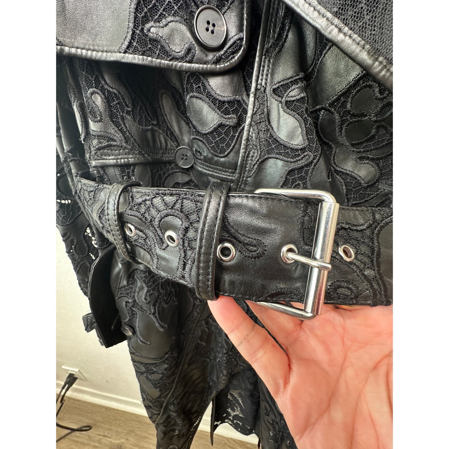 Alexander McQueen Black Leather Lace Belted Trench Coat Made in Italy 14