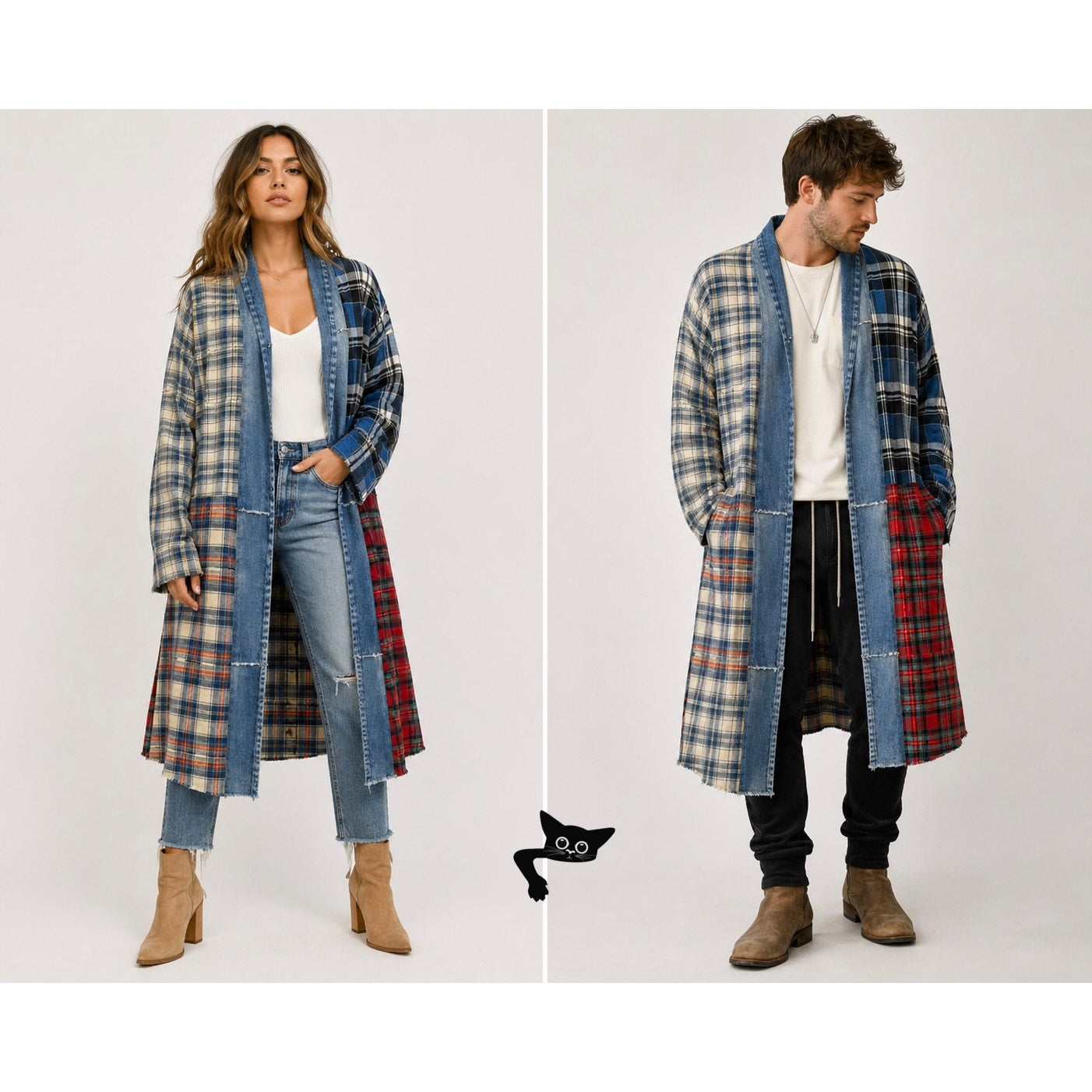NWOT Greg Lauren Denim Studio Patchwork Plaid Kimono Coat Size S