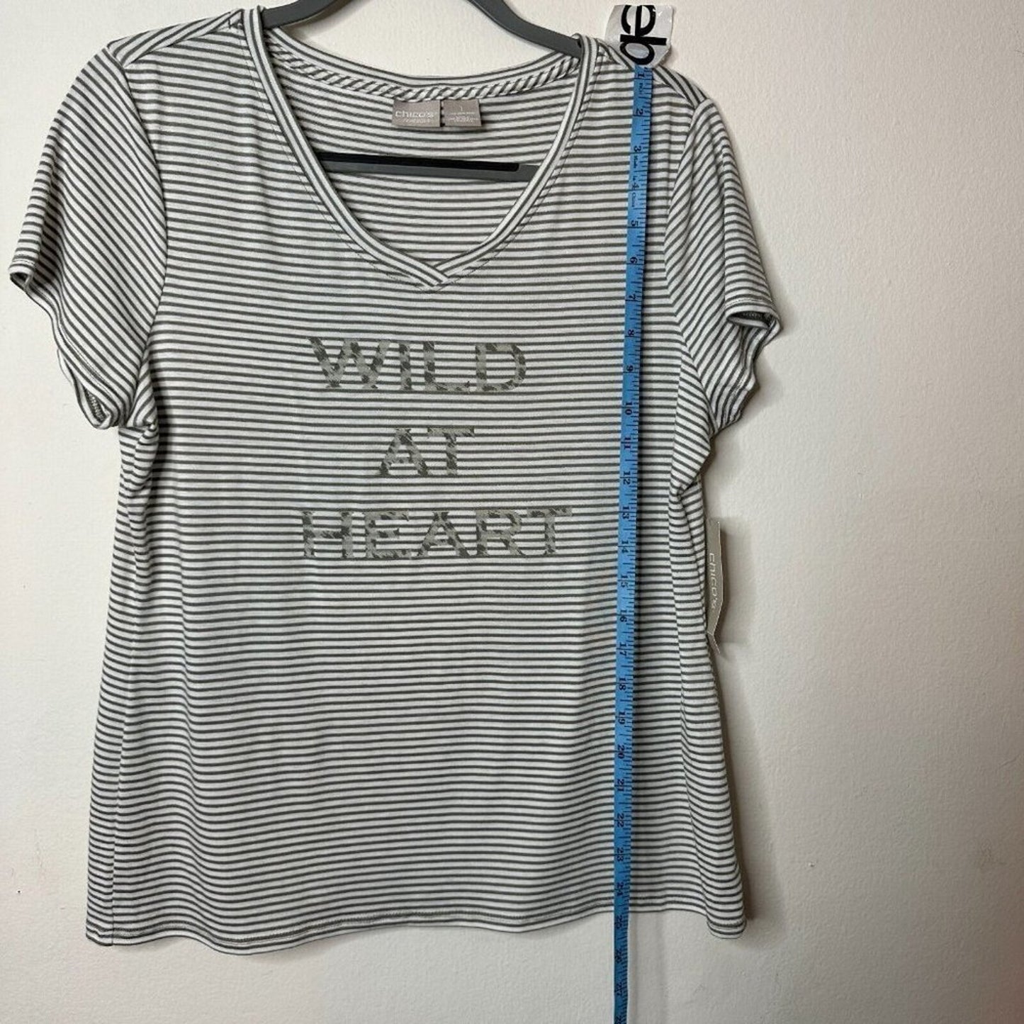 NWT Chico's Zenergy Wild At Heart Olive White Stripe V-Neck Tee  1