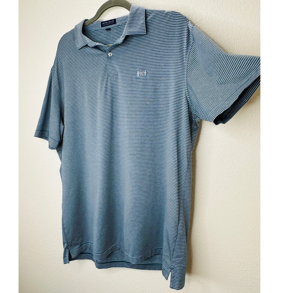Peter Millar Light Blue & Blue Jean Stripe Short Sleeve Golf Shirt L