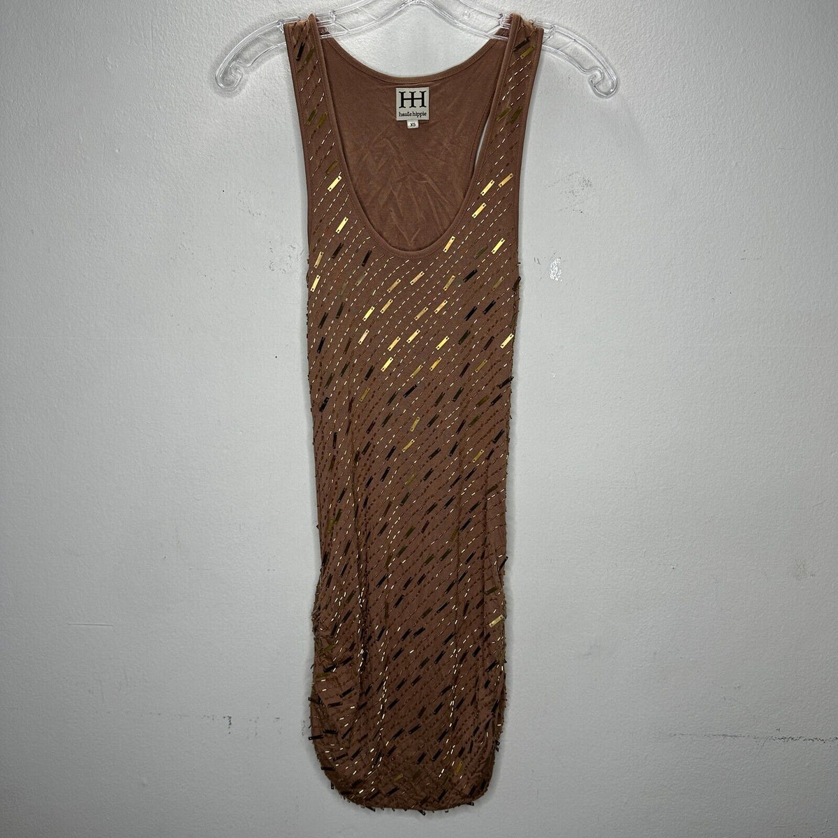 Haute Hippie Chocolate Brown Tank Mini Dress Side Ruche Gold & Beaded Adornment