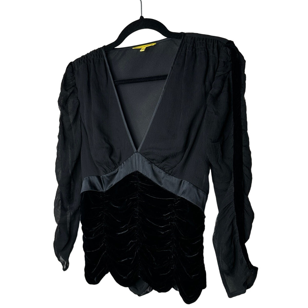 Catherine Malandrino Black Deep-V Gauze Satin Velvet Ruched 3/4 Sleeve Blouse S