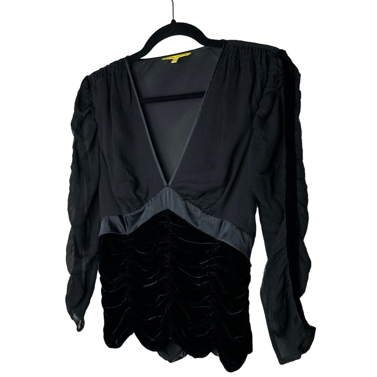 Catherine Malandrino Black Deep-V Gauze Satin Velvet Ruched 3/4 Sleeve Blouse S