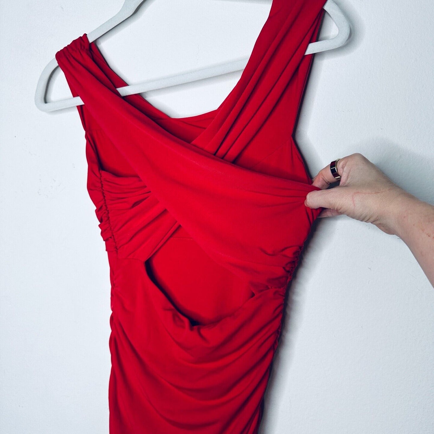 Guess Deep Red Ruched Draped Off-Shoulder Cross Back Mini Dress S