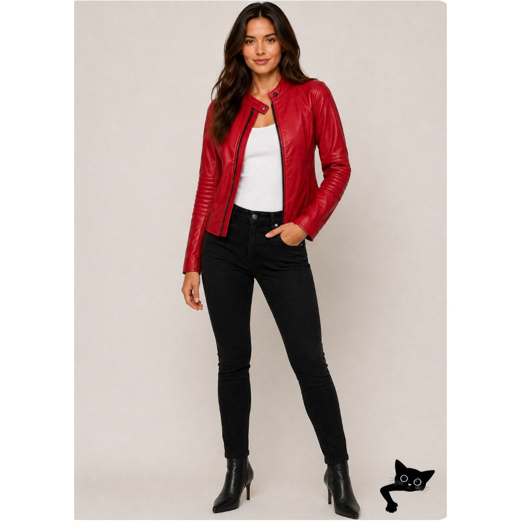 William B Cherry Red 100% Leather Moto Jacket Front Zip Silk Lining S