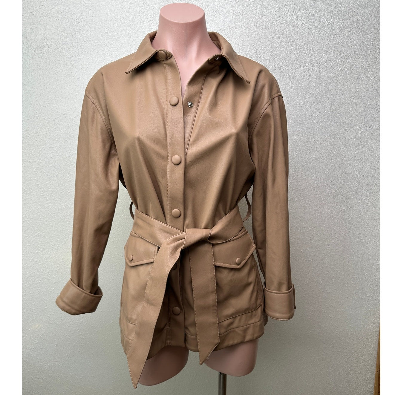 L’Academie Mocha Faux Leather Belted Jacket XXS