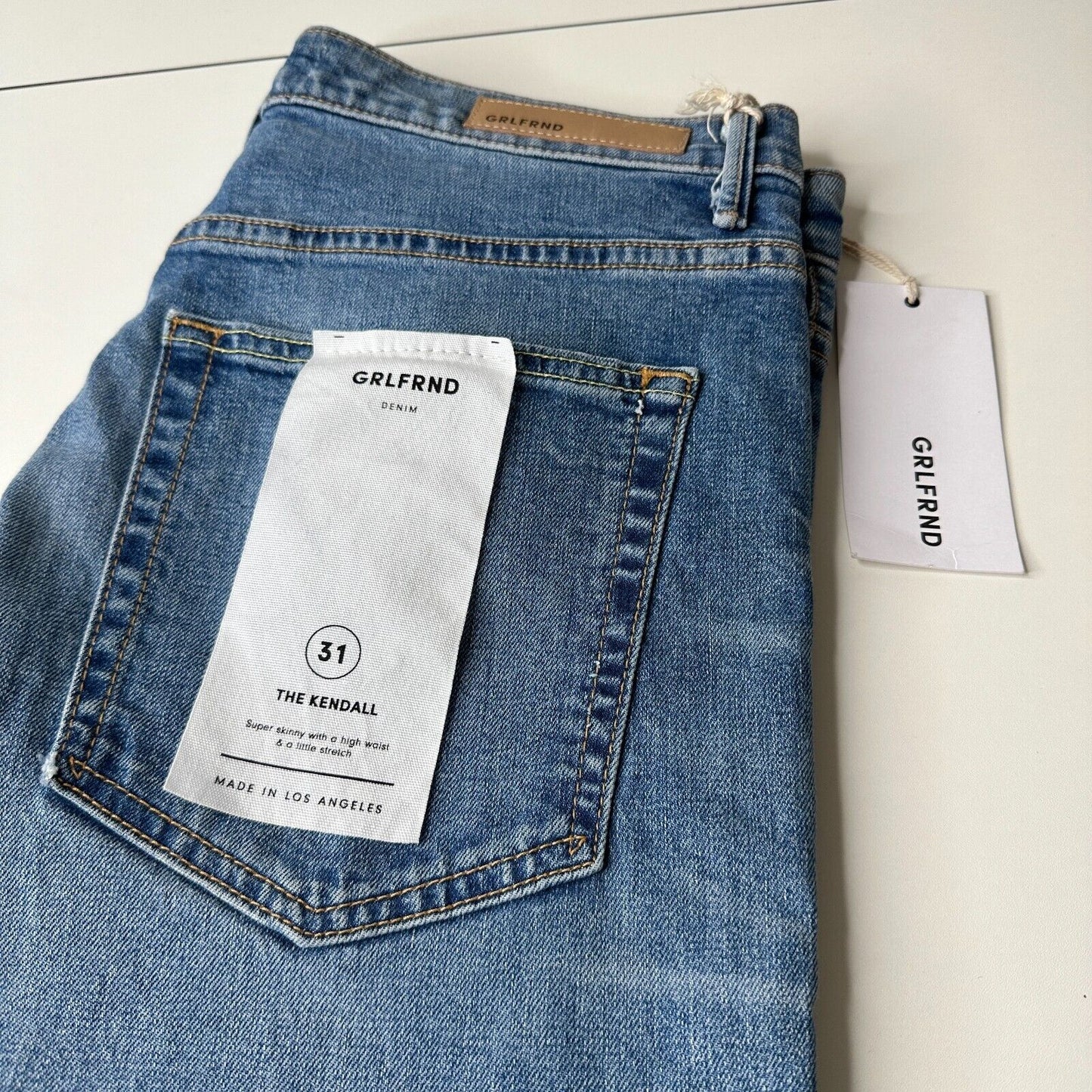 NWT GRLFRND Kendall Med Wash Amelia Distress Knee High Waist Raw Hem Jeans 31