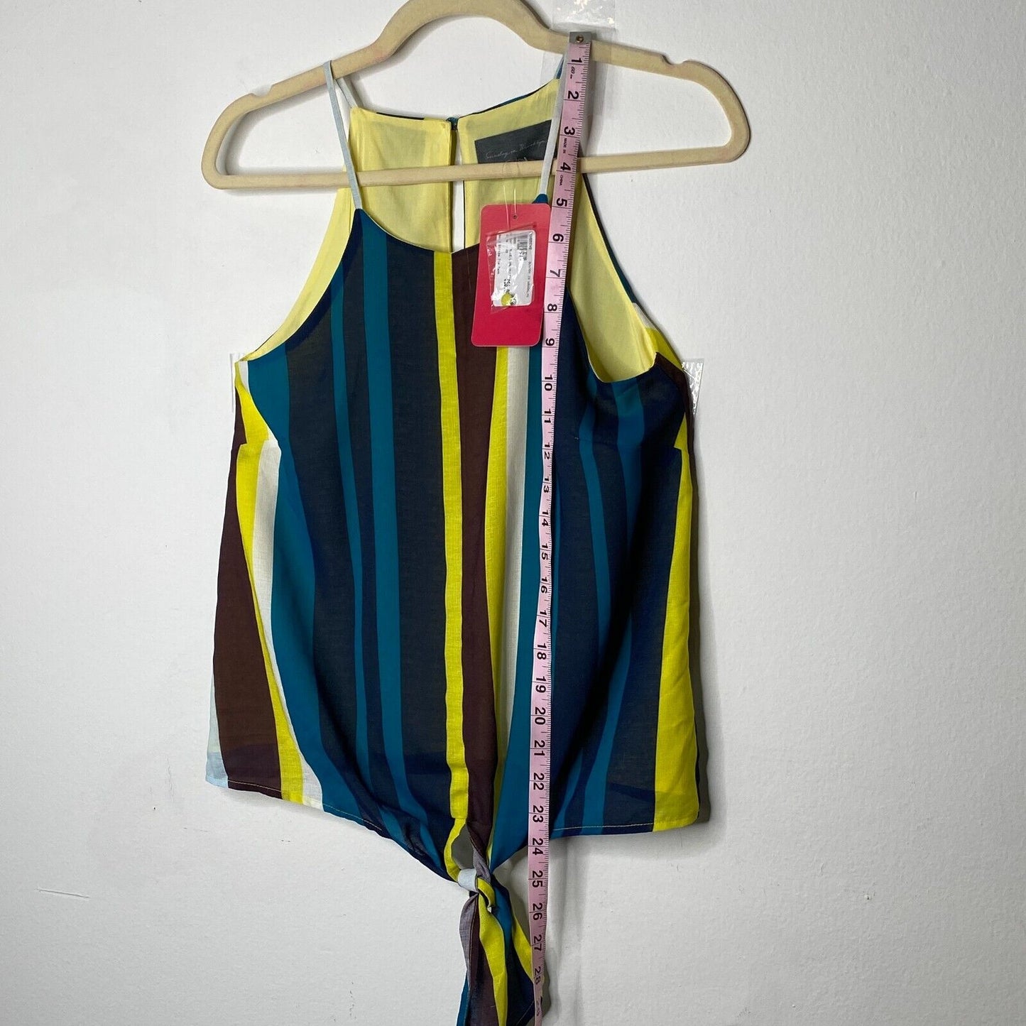 Sunday In Brooklyn Teal Blue & Yellow Black Multi Stripe Front Tie Blouse XS