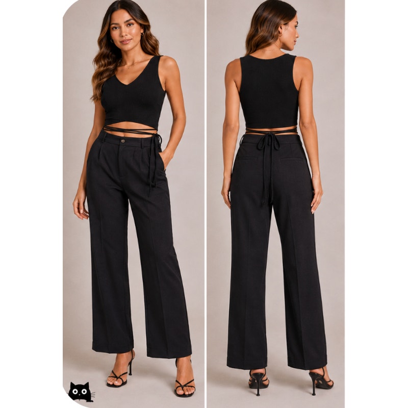 Reformation Yvie Black Ribbed Knit V-Neck Crop Tank Top Tie Wrap Around Waist S