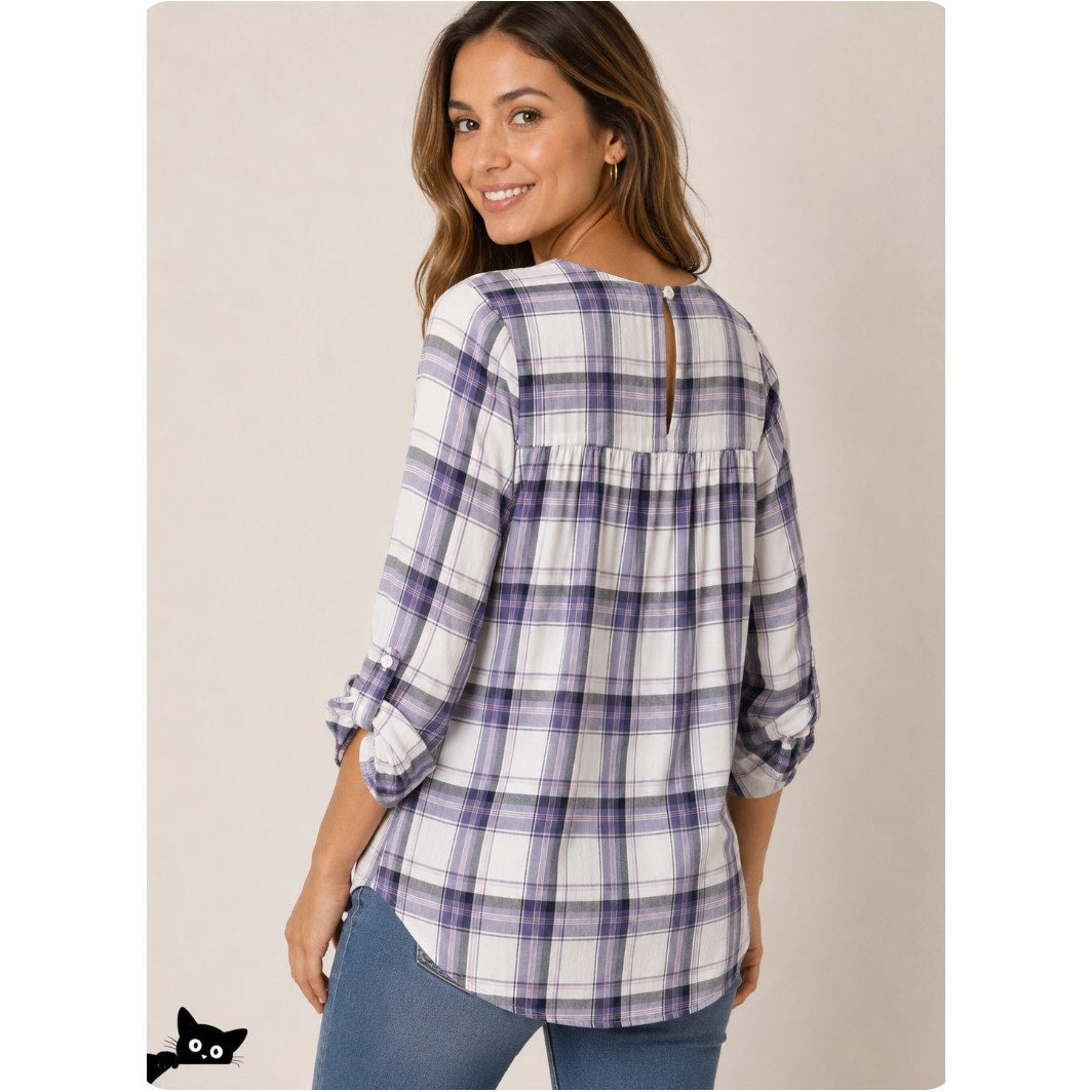 Loft Lavender Plaid Flowy Roll-Tab Sleeve Shirred Back Keyhole Button Blouse SP