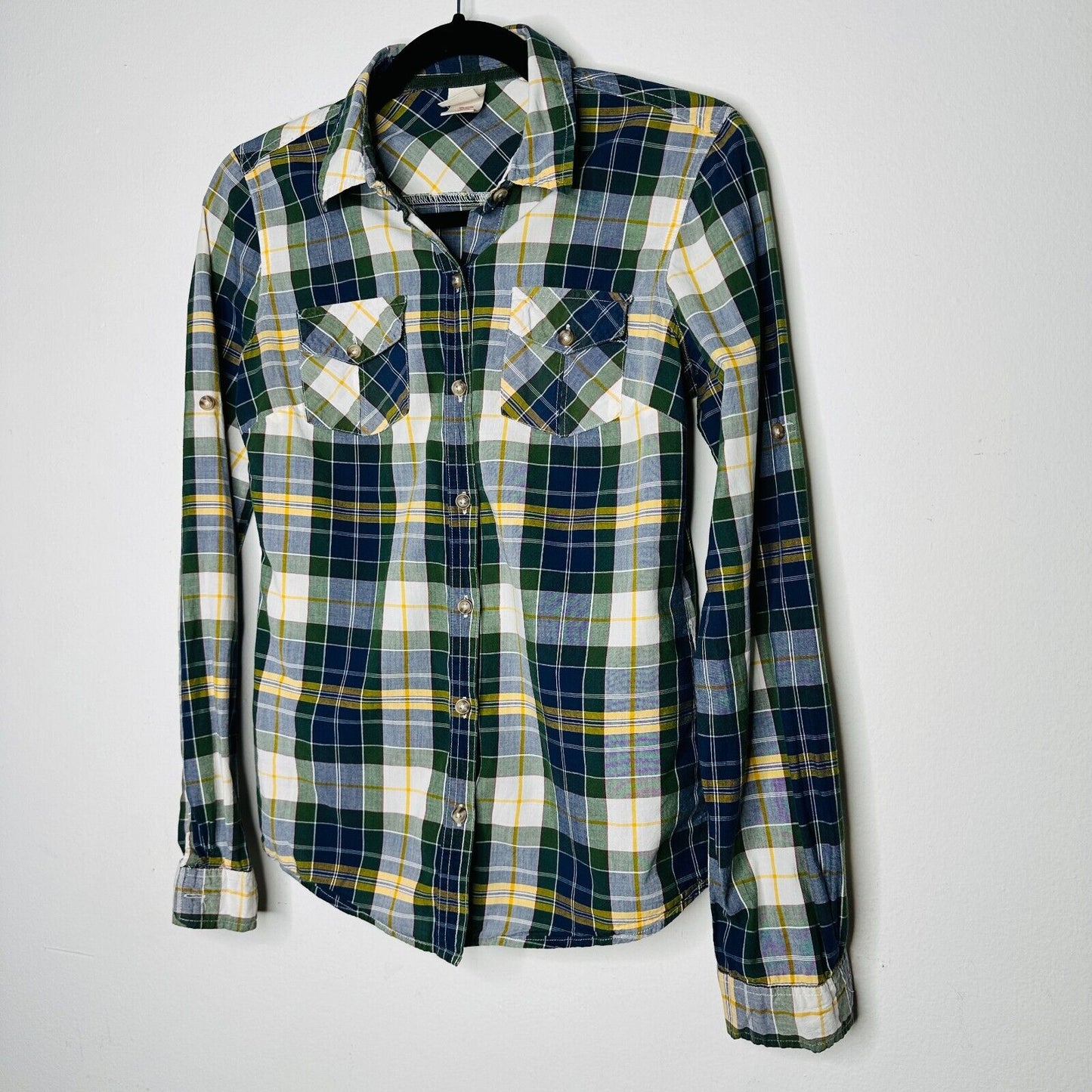 Mossimo Supply Green Blue Yellow White Plaid Button Front Long Sleeve Shirt SM