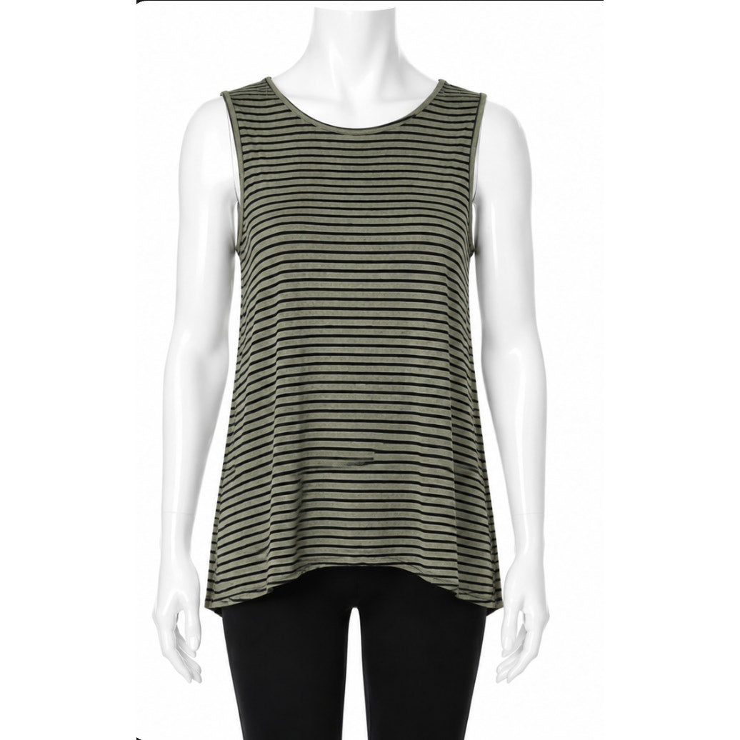Peyton Jensen Olive & Black Strip Lace Up Back Crew Neck Sleeveless Tank Top XS