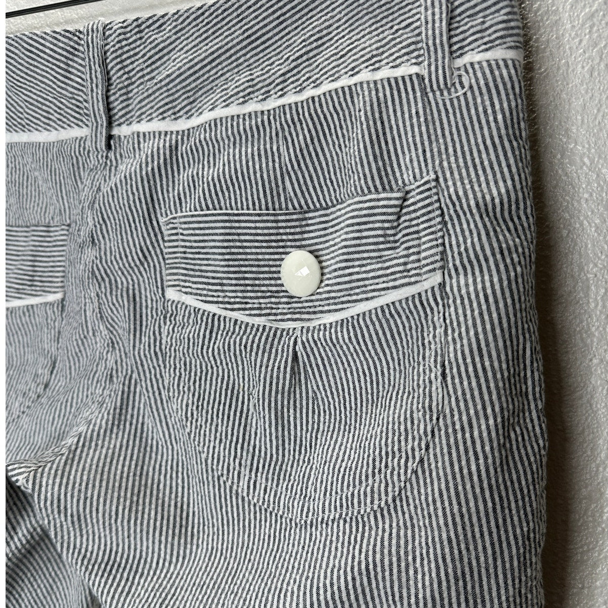 Pixxi Gray & White Striped Bermuda Shorts White Trim & Button Detail M