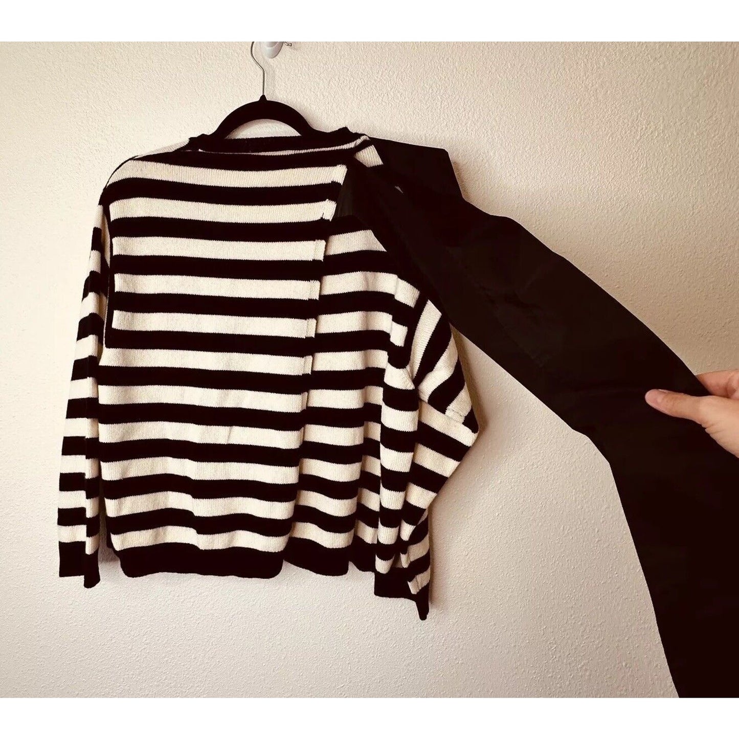 Valentino Off White & Black Horizontal Stripe Open Back Satin Shoulder Tie Top L