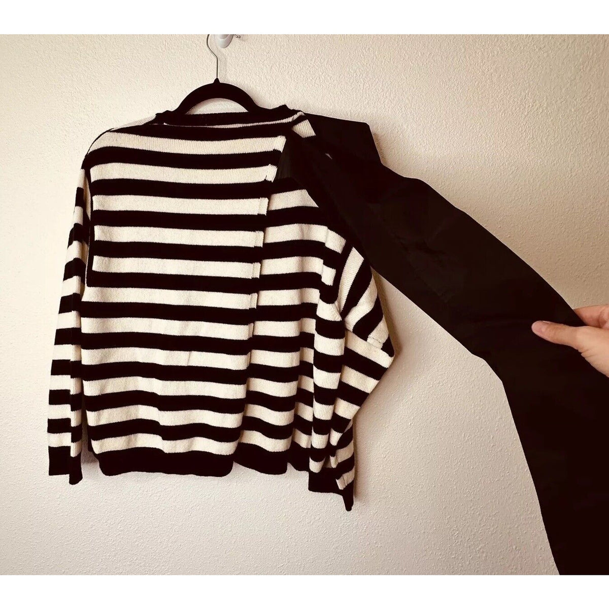 Valentino Off White & Black Horizontal Stripe Open Back Satin Shoulder Tie Top L