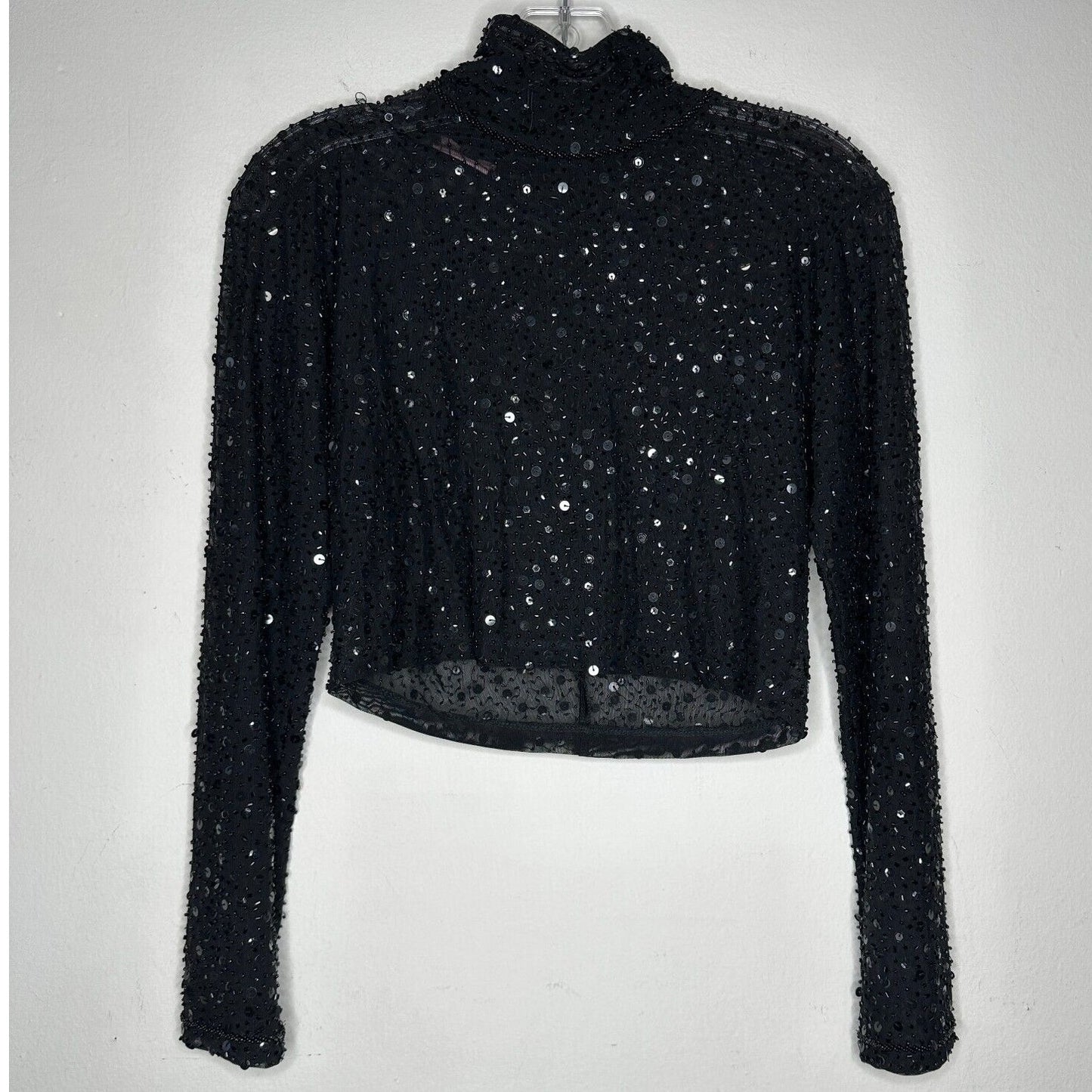 Dyspnea Sheer Black Sequin Mesh Mock Neck Long Sleeve Crop Top Hand Beaded Small