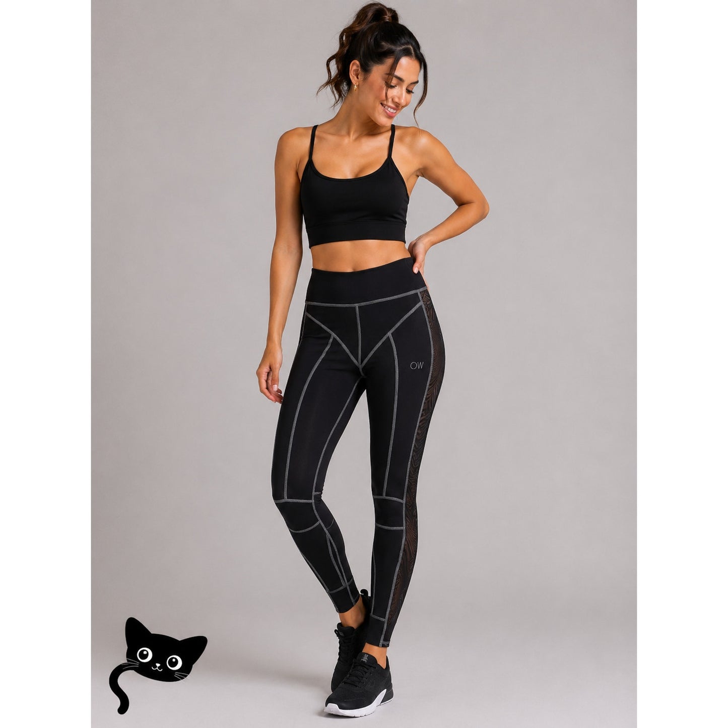 NWT OW Intimates Black with Gray Top Stitching Leggings Side Mesh Insert S