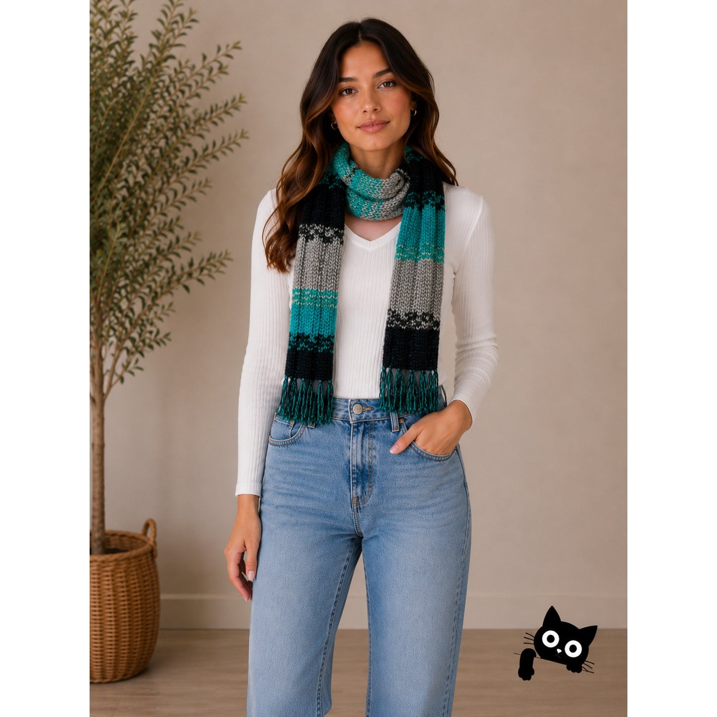 Billabong Black Gray & Teal Knit Scarf with Fringe OS