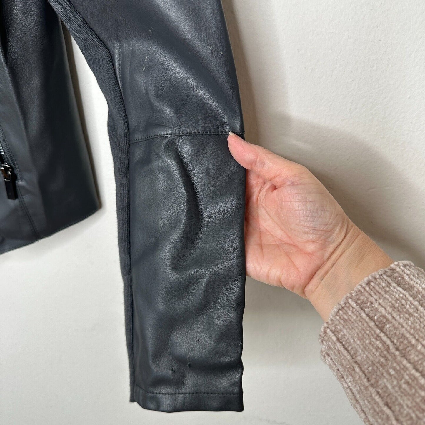 Bagatelle Pewter Gray Faux Leather Open Front Waterfall Jacket Zip Pocket Medium