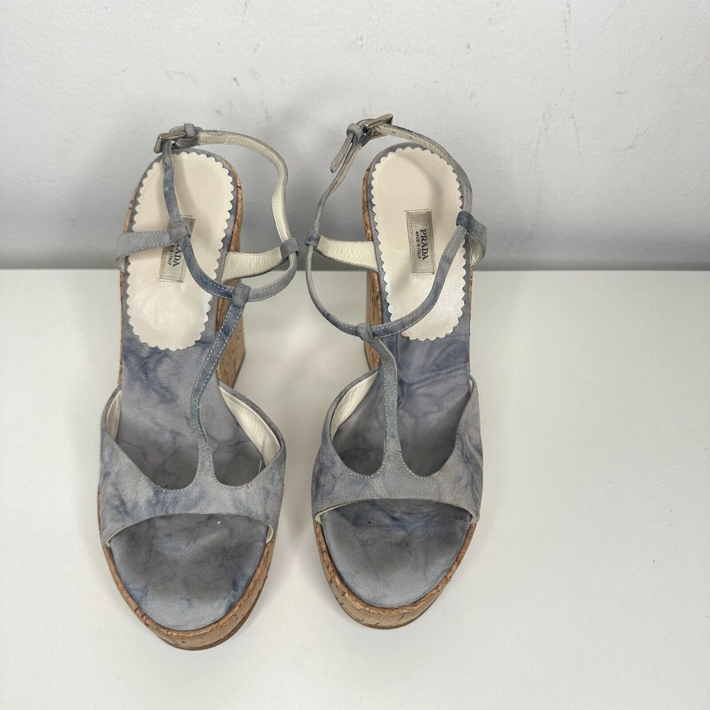 Prada Tie Dye Light Blue Suede Tan Cork Wedge Sandals Ankle Espadrilles 38