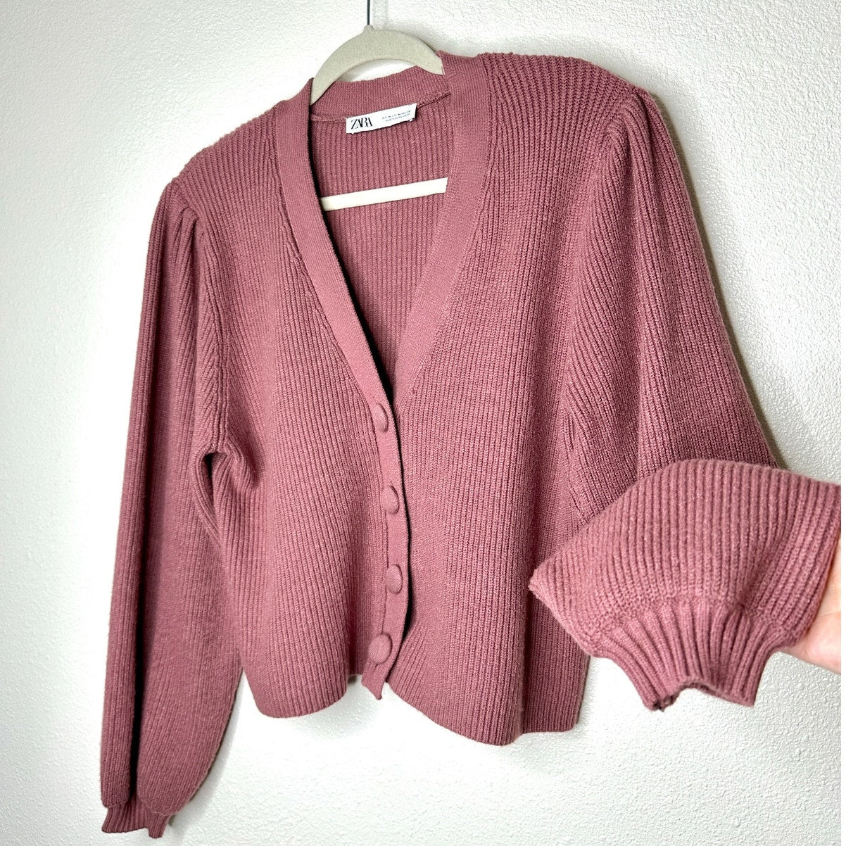 ZARA Mauve Balloon Sleeve V-Neck Cropped Button Chunky Knit Cardigan Sweater M
