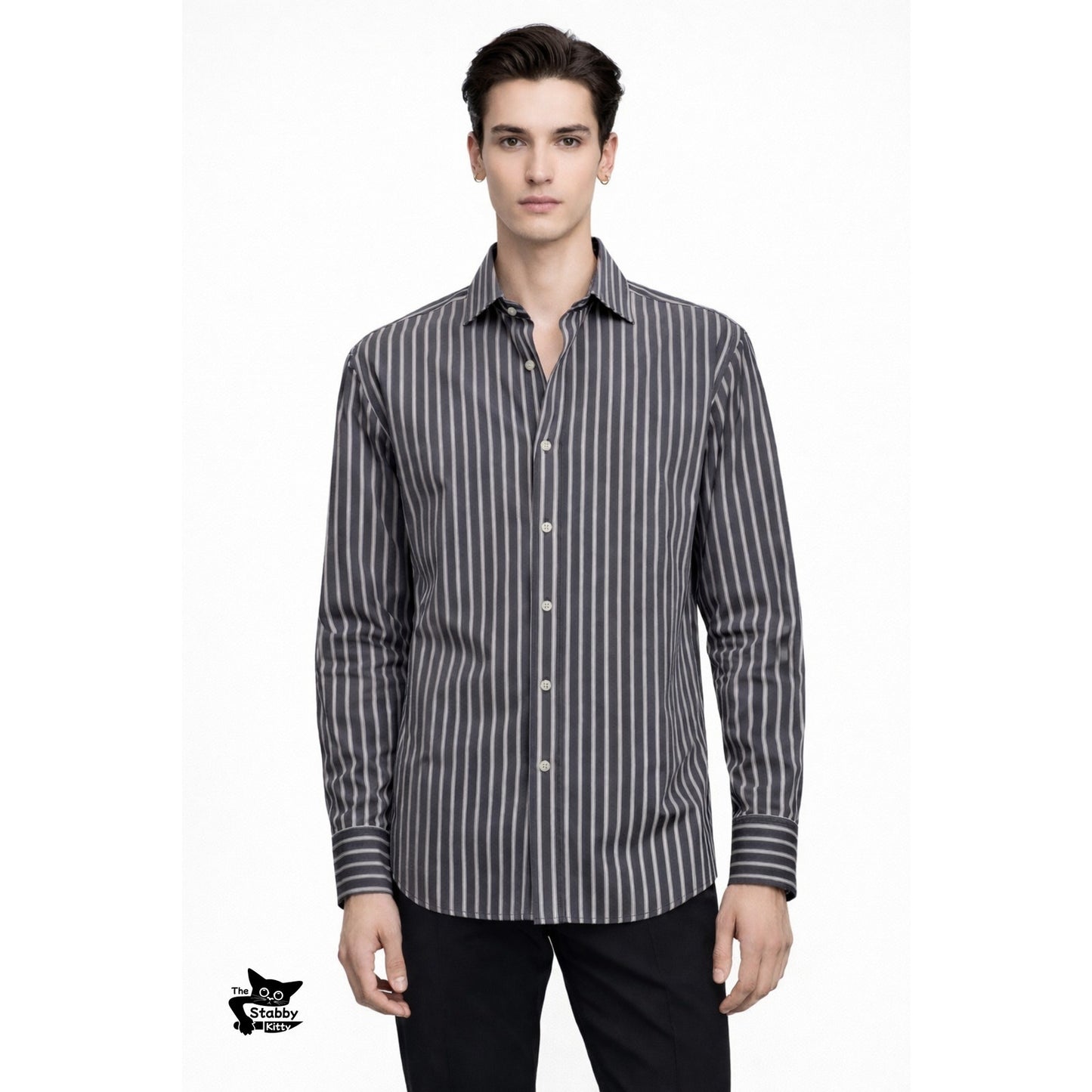 English Laundry Stripe Button Front Long Sleeve Shirt L Gray