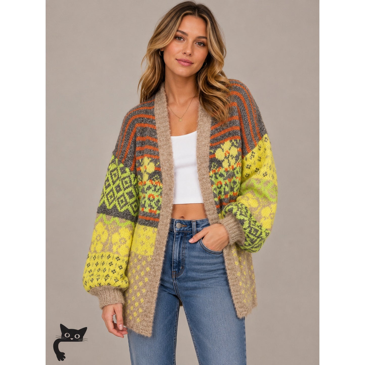 Fate Yellow Tan Gray Multi Floral & Stripe Print Open Front Cardigan XS